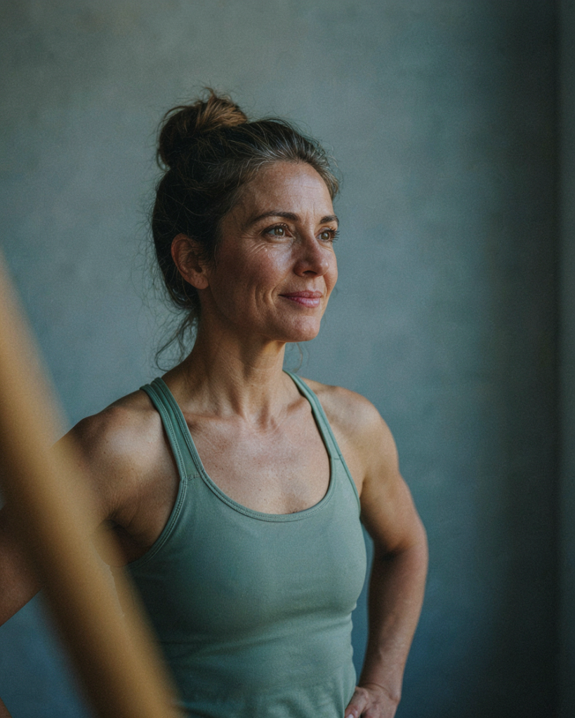 Woman in her fifties in sage green athletic top in warm morning light