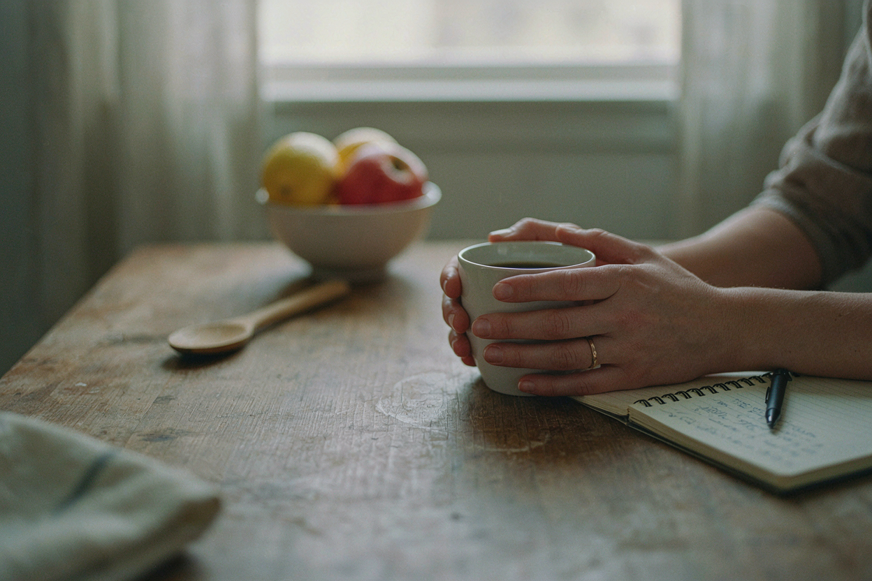 Hands wrapped around a coffee mug at a kitchen table in morning light